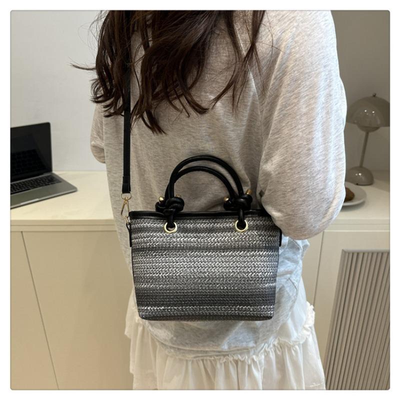 Straw Woven Knot Basket Handbag Crossbody Shoulder Bucket Bag For Summer Vacation Daily