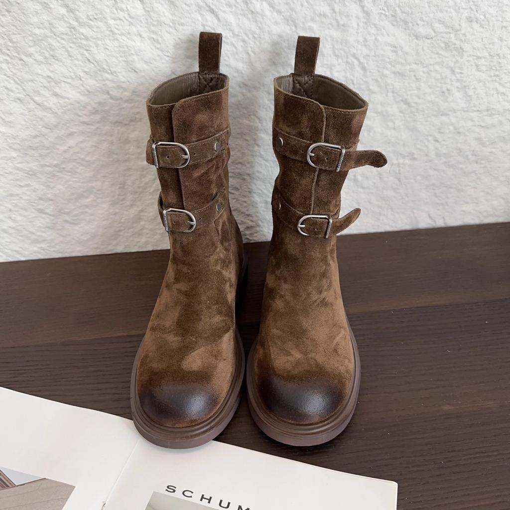 Версия из овчины~ ретро пряжка ремня пустошь вестерн ковбойские сапоги круглый носок полированные короткие сапоги женские на толстой подошве сапоги-рыцари