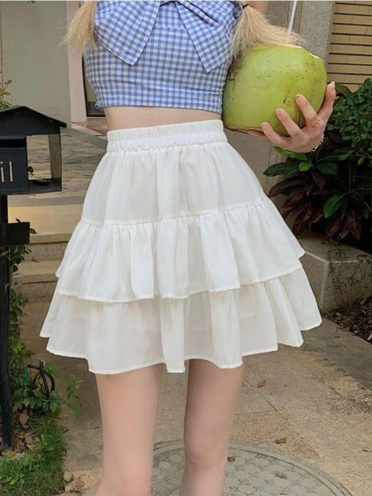 Белая милая плиссированная юбка трапециевидной формы, женские узкие юбки с эластичной резинкой на талии в стиле каваи с оборками, простая повседневная одежда в Корейском стиле 2024