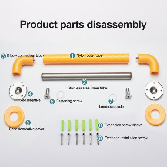 Нескользящий несущий поручень с подсветкой, дугообразным коленом, устойчивый к ржавчине стоячий опорный поручень
