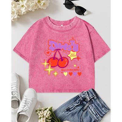 Dwstu Сладкая вишня Фруктовая звезда Принт любви Выстиранная футболка Женская Хлопковая Удобная Футболка Уличная одежда Y2K Топ