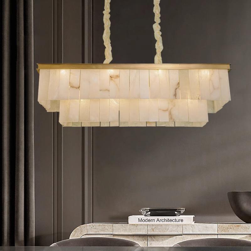 Postmodern Copper Chandelier with Spanish Marble - Elegant Lighting for Living Room, Duplex Dining Room, or Bedroom. Perfect for Designer Villas.