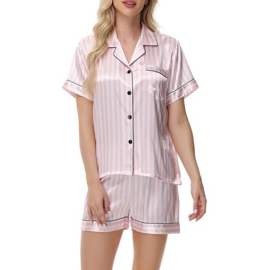 2 шт./комплект женский рубашка шорты костюм плюс размер лацкан короткий рукав атласный полосатый контрастный цвет топ эластичный пояс короткие брюки одежда для отдыха наряд