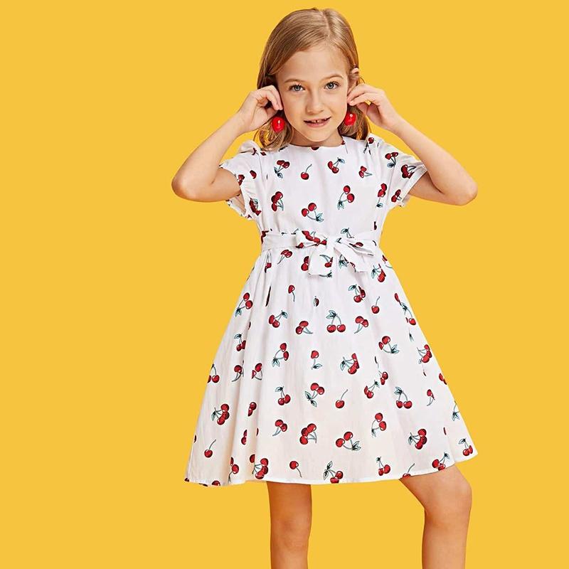 Платье с короткими рукавами и принтом вишни для девочек 2–9 лет, летний сарафан