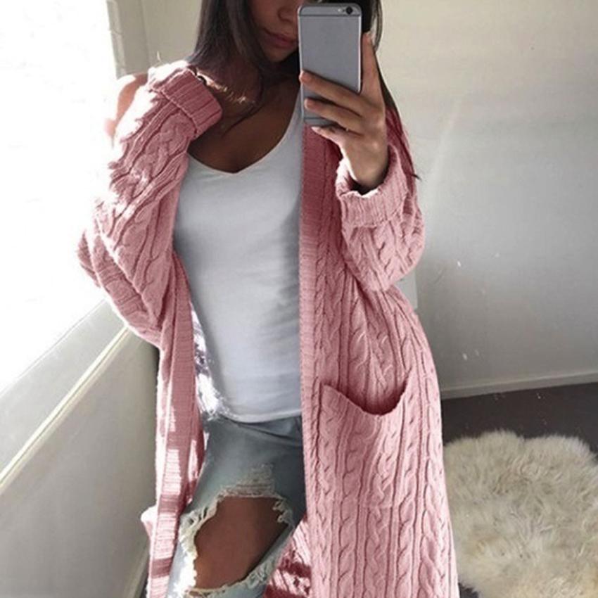 Женская мода повседневная карман вязаный свитер с длинным рукавом кардиган пальто