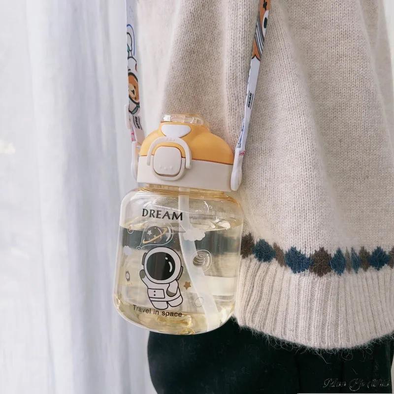 Бутылка для воды Двойной напиток Kawaii Детская бутылка для воды Милый пластиковый стакан для питья с трубочкой и веревкой Бутылка для школьников