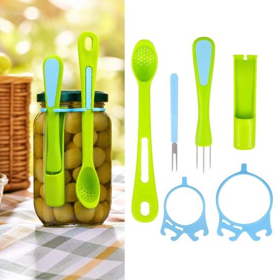 Olive Spoon Set, Hands-Free Long Handle Jar Clamps, Multi-Functional Pickle Grabber Tool, for Olives Can Onion Cucumber