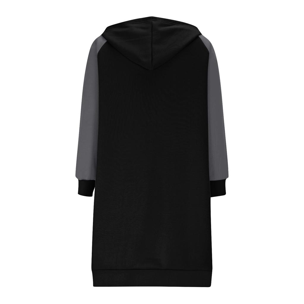 Women's Fashionable Color Blocked Long Sleeved Drawstring Hooded Zipper Pocket Long Casual Sweatshirt Jacket