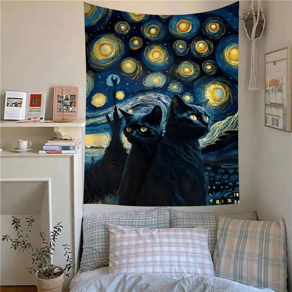 Starry Night Cats Tapestry Artistic and Mystical Wall Art for a Magical Enchanting and Uniquely Charming Decor Statement