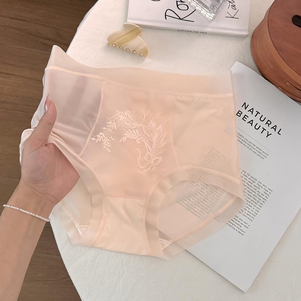 Antibacterial Ice Silk Seamless Women's Underwear High Waisted Jacquard Lace Breathable Plus Size Silk Antibacterial Crotch Triangle Pants