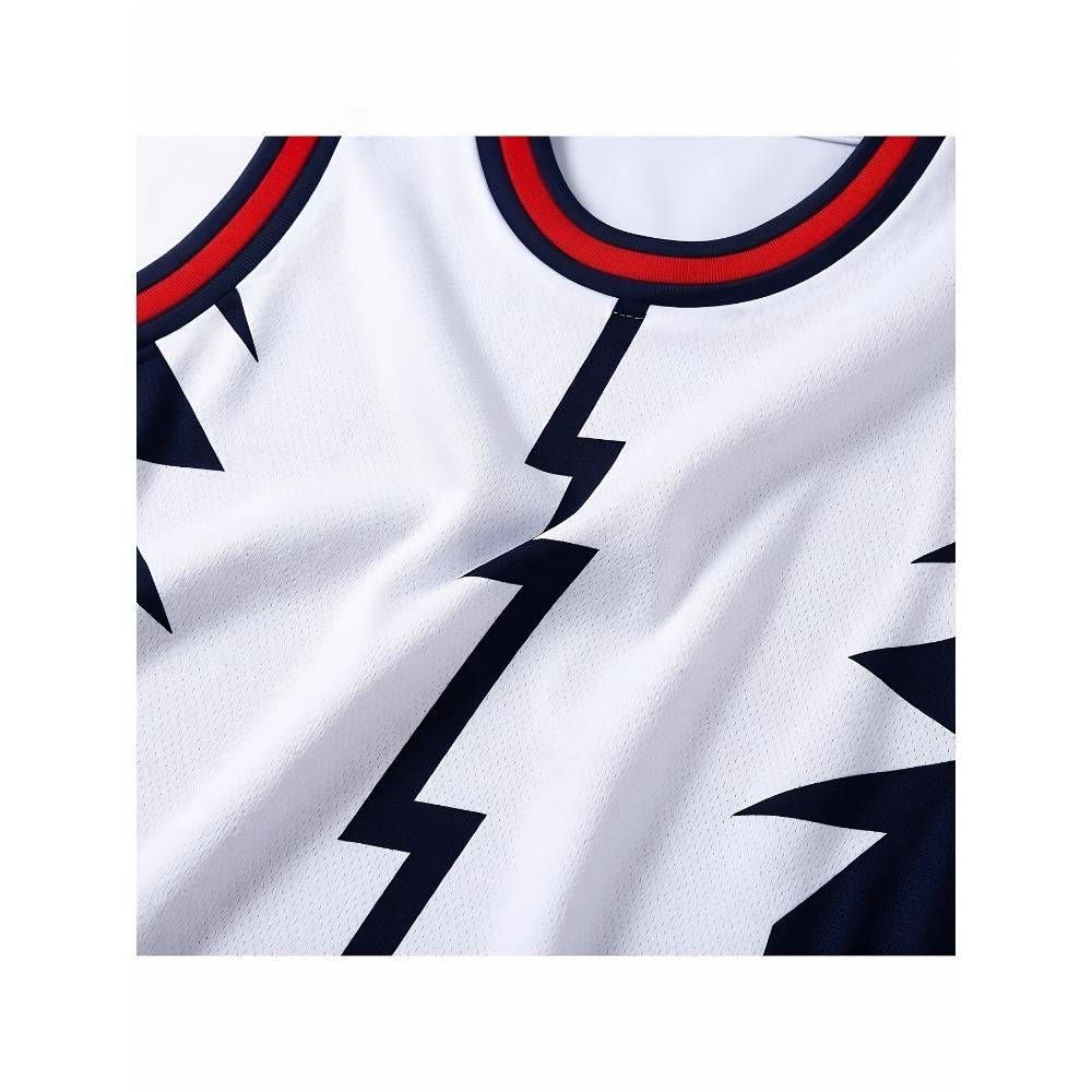 White and navy basketball jersey, lightning design, perfect for sports and gym use