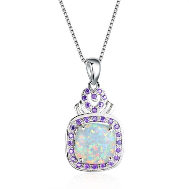 Большие Женские Квадратные Белые Оранжевые Огненные Опаловые Каменные Подвески Ожерелья Свадебное Случай Вечеринка Мероприятие Свадебное Случай Украшения Ретро Стильные Стильные Серебро