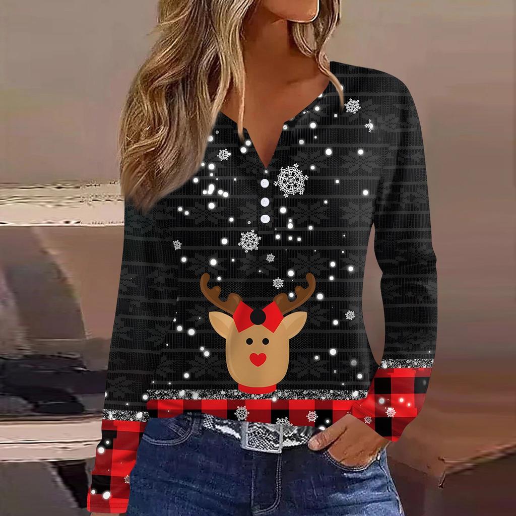 Женская футболка с рождественским принтом на пуговицах с длинным рукавом, повседневная, выходного дня, модная, базовая, с V-образным вырезом, обычная