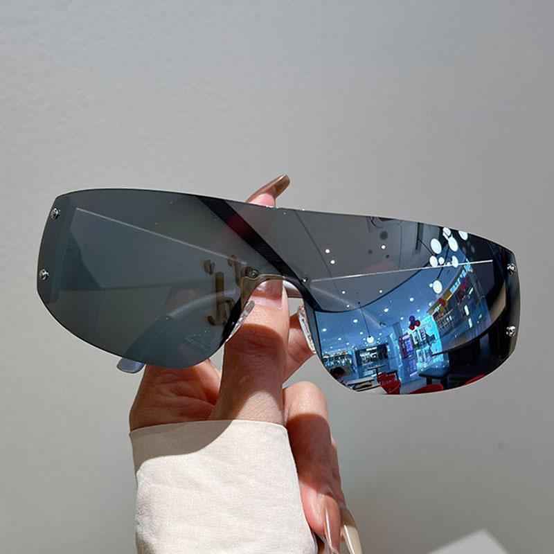 Солнцезащитные очки без оправы Дизайнерские брендовые Женские Мужские Цельные Трендовые Роскошные Солнцезащитные очки Заклепки Стимпанк Розовые Линзы Uv400