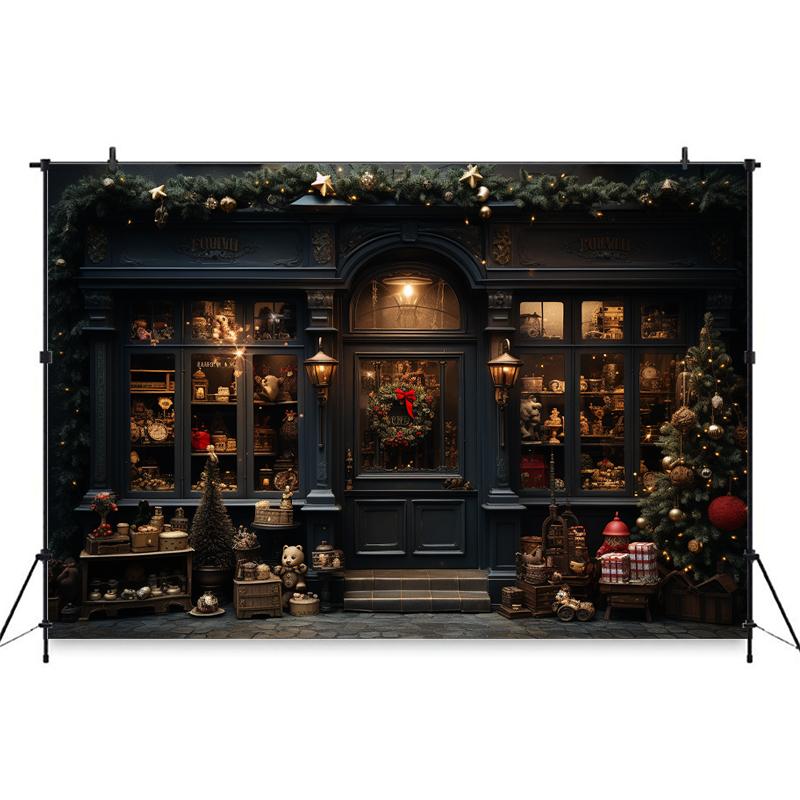 Mocsicka Black Christmas Store Backgrounds Photography Children Adult Birthday Party Backdrops Bear Gifts Xmas Tree Decor Banner