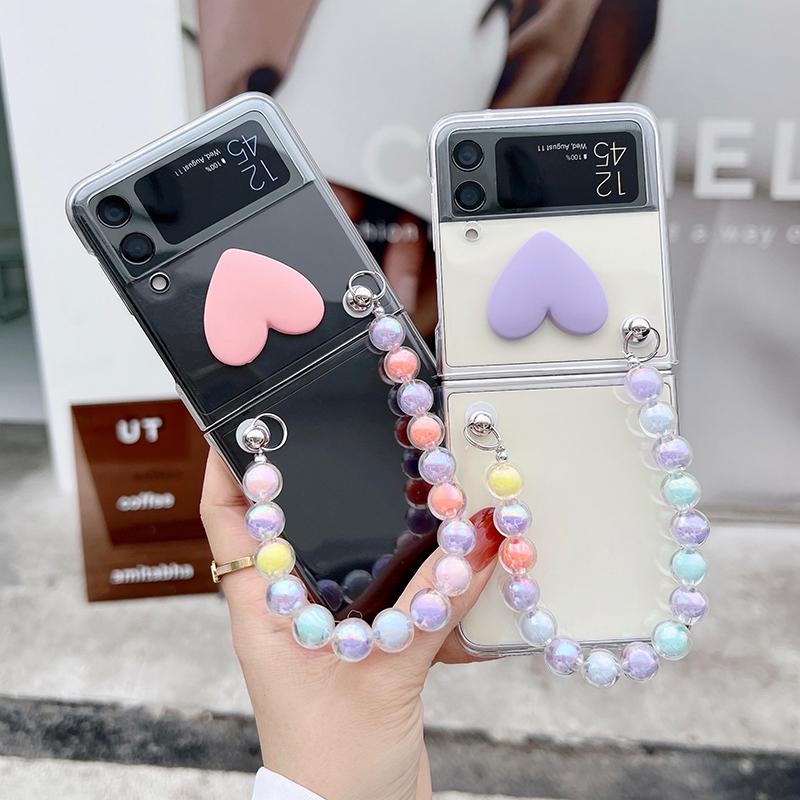 Милый 3d карамельный цвет сердце портативный красочный браслет с бусинами чехол для телефона для Samsung Galaxy Z Flip 3 5g/Z флип прозрачный жесткий чехол