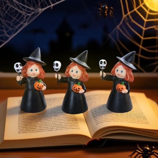 3Pcs Halloween Witch Figurine Holding Skull Pumpkin Cartoon Witch Resin Statue Sculpture Home Office Holiday Party Decoration Ornament
