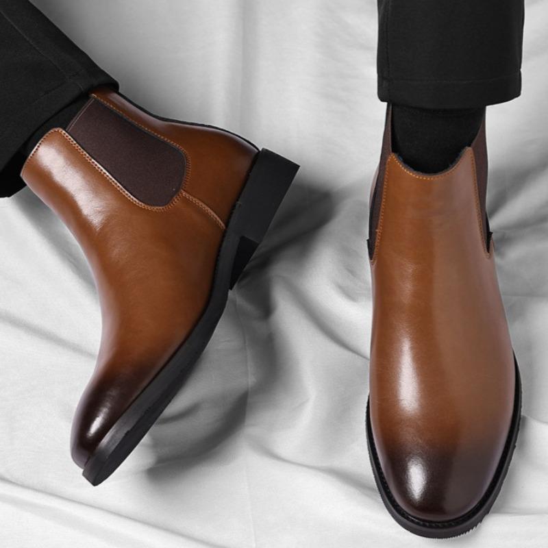 Men Chelsea Boots British Style Business Leather Boot Fashion Casual High Top Boots Men's Winter Plush Warm Business Dress Boots