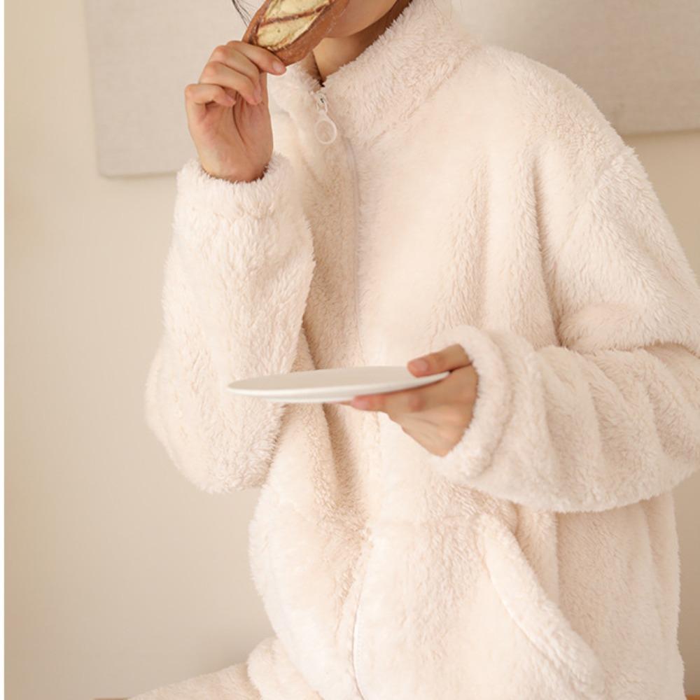 Зимняя домашняя одежда, женский кардиган на молнии, утолщенная куртка с высоким воротником, плюшевая бархатная пижама, двусторонний флисовый теплый костюм