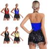 Womens Sequins Latin Jazz Dance Tassel Leotard Halter Fringed Bodysuit Tango Performance Costume