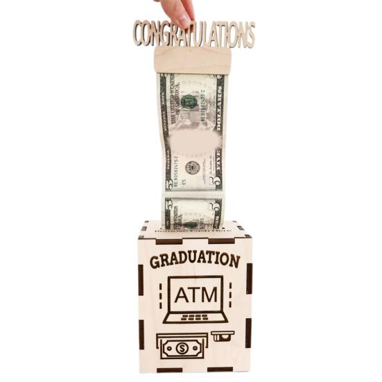 Yousheng Wooden Graduation Money Gift Box ATM Cash Container Piggy Bank Congratulation Card Holder Money Saving Jar Grad Party Desktop Decoration