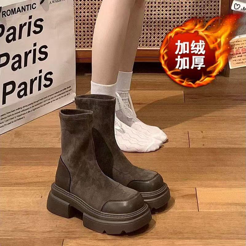 Платформенные короткие ботинки женская обувь новые раннеосенние эластичные тонкие ботинки ретро ботинки Мартин ботинки Челси