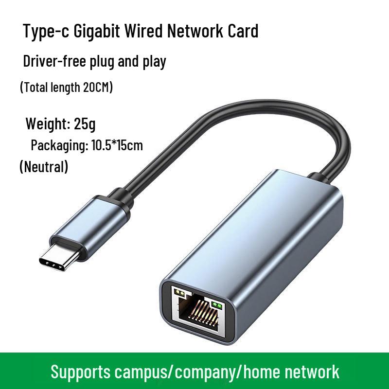 Dual-Head USB Type-C To RJ45 Gigabit Network Card, 100M/1000, Driver-Free