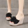 Wedge Heel Fish Mouth Thick Bottom One-word Slippers Women's 2025 Summer New Korean Version Muffin Bottom High Heel Flower Cool Slippers