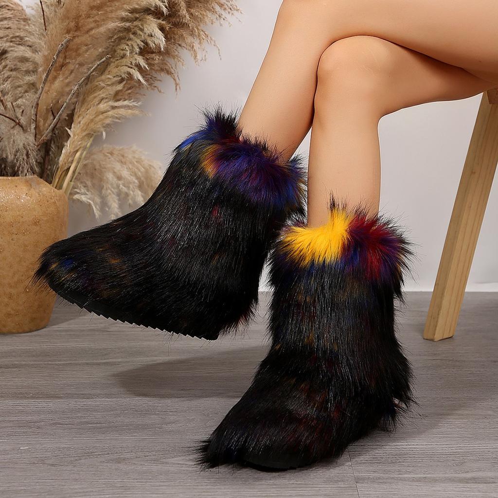 Зимние женские модные зимние сапоги 2024 года, теплые хлопковые ботинки, пушистые полусапожки, искусственный мех, утолщенная женская обувь