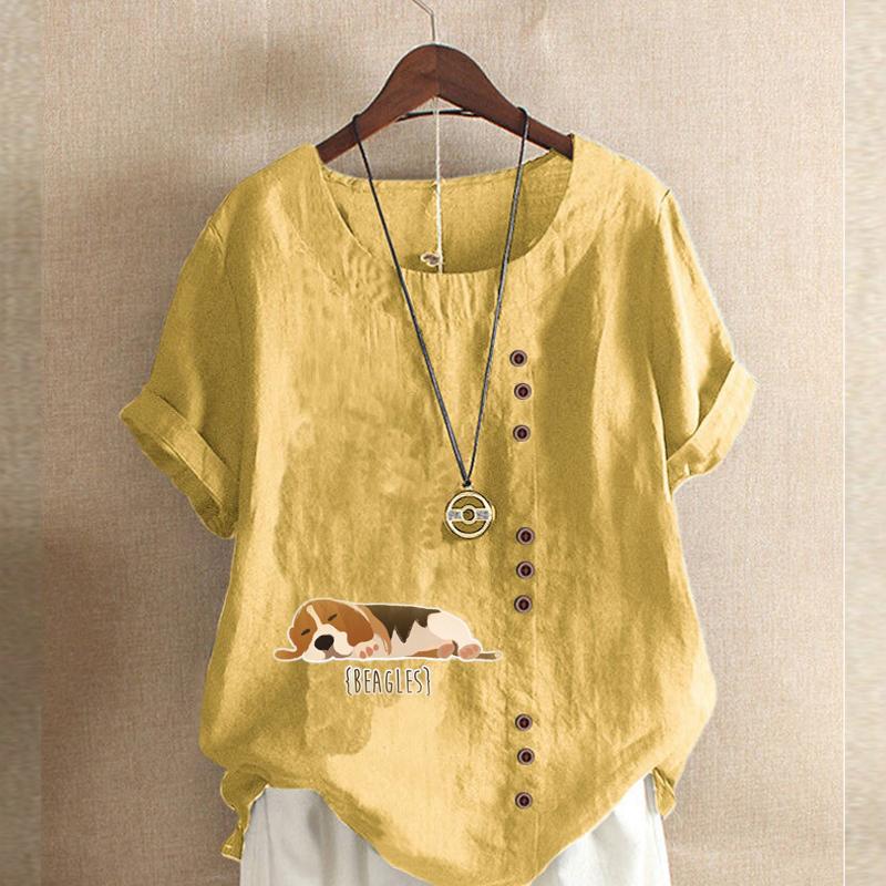 Women's Fashion Round Neck Short Sleeve T-shirt Casual Cotton Linen Graphic Shirt Leisure Loose Dog Prined Summer Blouse Tops Plus Size