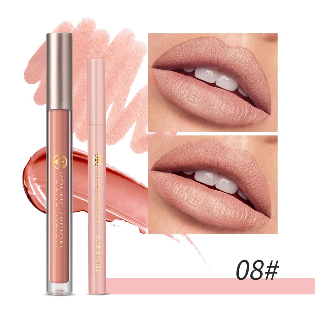 YOUNG VISION Lip Glaze + Lip Liner 2 Sets of Lip Liner Are Not Easy To Stick Cup Lip Glaze