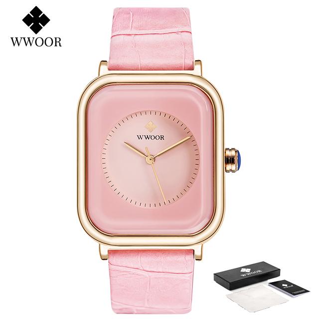 WWOOR Women Leather Strap Red Square Watch Simple Ladies Big Watches Top Brand Luxury Leather Waterproof Wrist Watch Reloj Mujer