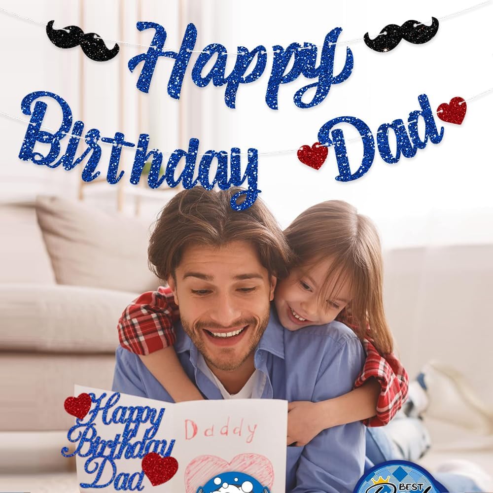 Pre-strung Happy Birthday Dad Decorations Banner Daddy Cake Topper Blue Glitter Father's Day Best Dad Ever Decor Party Supplies NO DIY