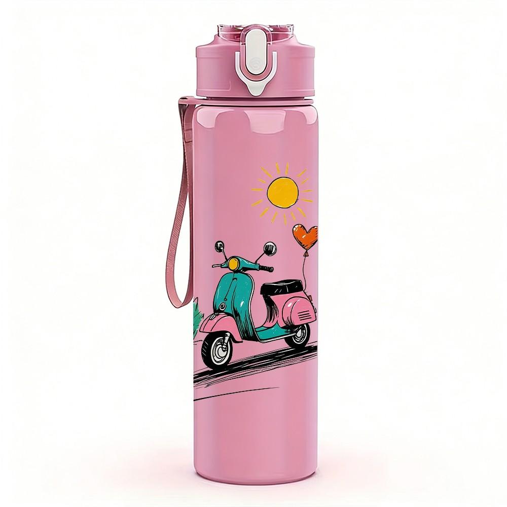 1PC Retro Scooter Rider Pattern 750ml Color Plastic Sports Water Bottle Leakproof Flip Straw Lid Suitable for Sports Office Home Use