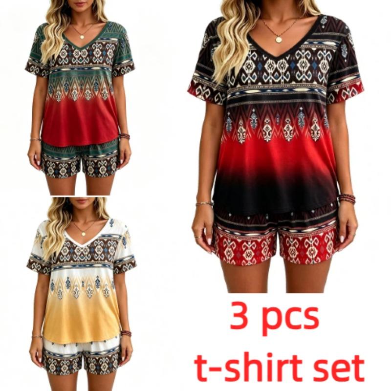 European and American Summer Fashion Ethnic Patterns Printed V Neck Short Sleeved T-Shirt And Shorts Set Women's and Men's T-shirt Shorts Set