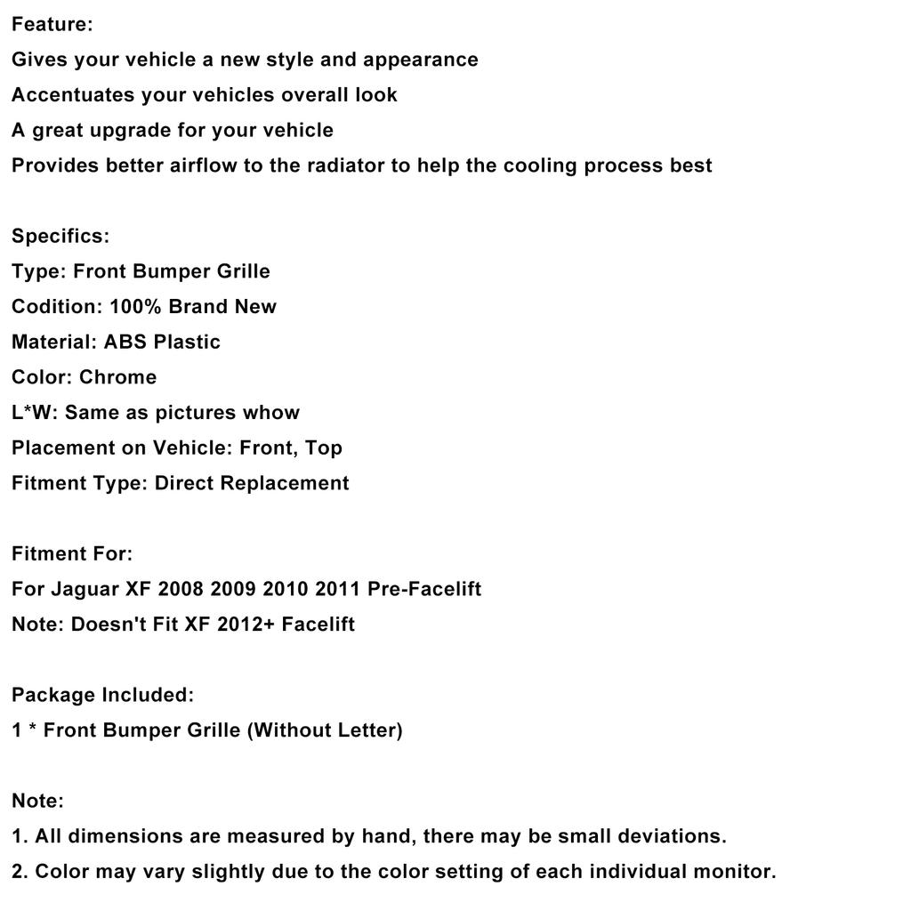 XF-R Style Front Bumper Grill Grille Fit Jaguar XF 2008-2011 Chrome