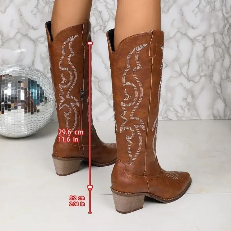 Модная женская обувь на распродаже 2024 Высокое качество Боковая молния Женские сапоги Зимние Острый носок Однотонные Высокий голенище Массивный каблук Ковбойские сапоги