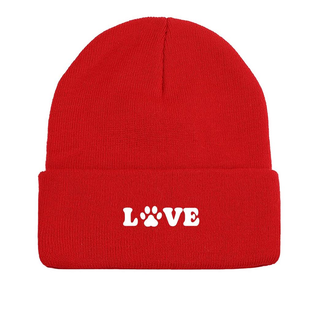 LOVE" Dog Paw Print Print Knit Hat Beanie, Animal Woman Cap Cuff Fit Trendy Gorro Knitted Cap Beanie