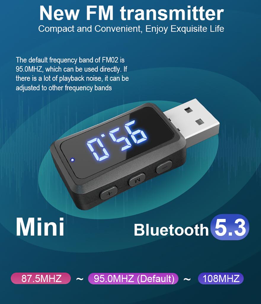 Автомобильный FM-передатчик Bluetooth 5.3 с LED-дисплеем, беспроводной USB-вызов, функция громкой связи, мини-USB-питание, автомобильный комплект FM-радио
