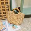 Yogodlns Simple Straw Handbag for Girls Summer Beach Travel Hand Bag Half Moon Hand Woven Rattan Handbags Round Handle Bags