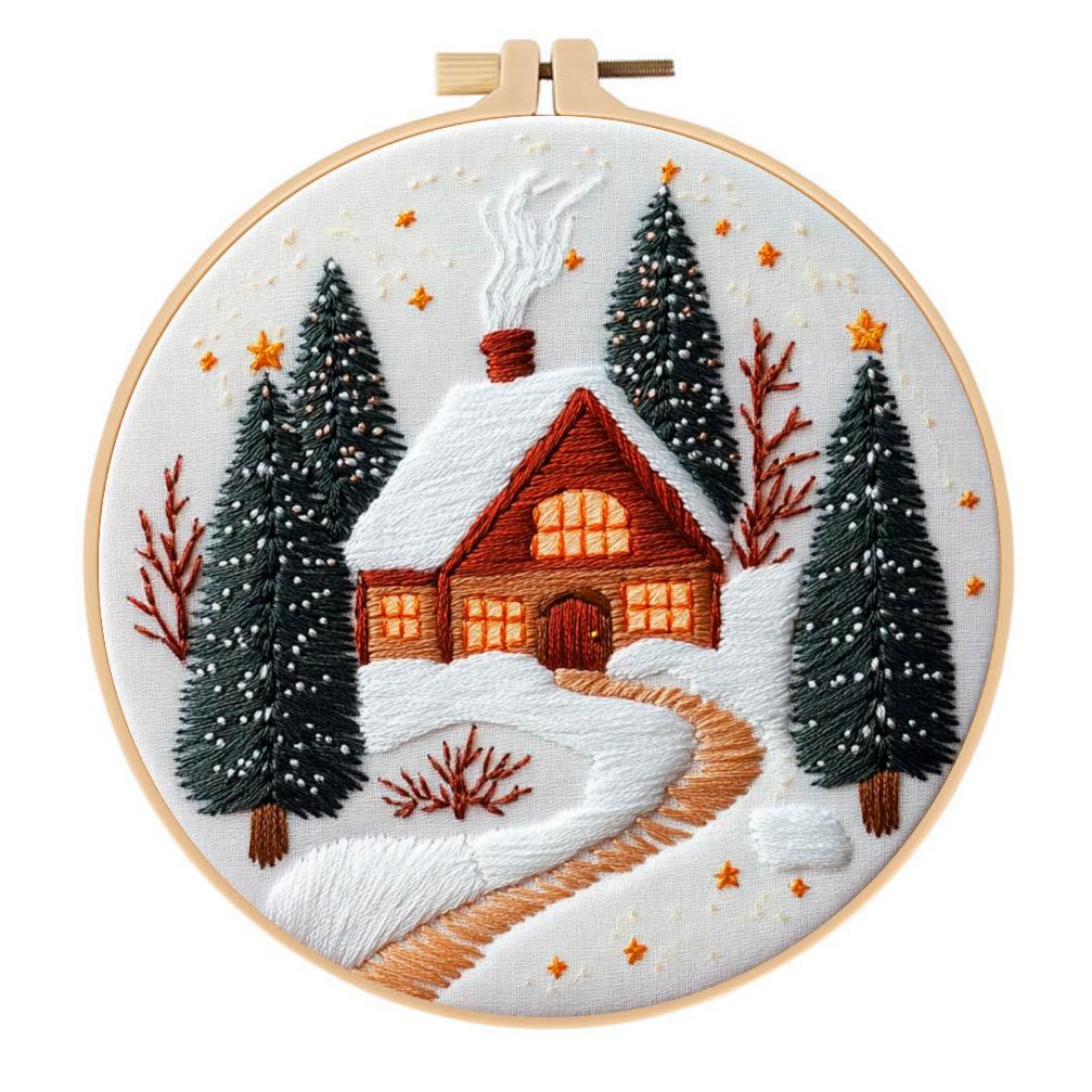 1set Christmas Cozy Cottage Kit DIY Embroidery Materials and Tools Suitable for Beginners, Stitching Tutorial, Hand Embroidery Fabric Material Set
