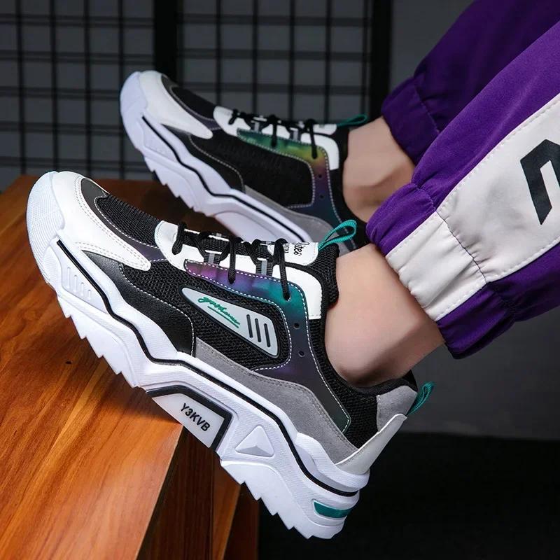 Men's Breathable Mesh Sneakers Durable Lace Up Vulcanized Shoes Outdoor Casual Height Increasing Fashion Footwear
