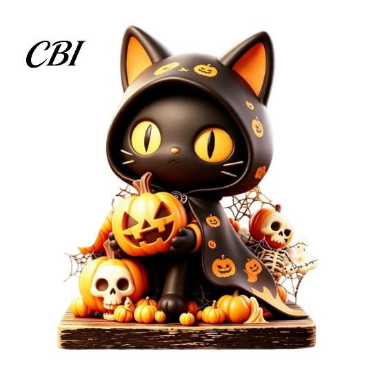 Wooden Desktop Ornaments Halloween Tabletop Decor, Whimsical Black Cat Witch Pumpkin Skeleton Gifts for Kids Figurines, Centerpiece Home Store Window