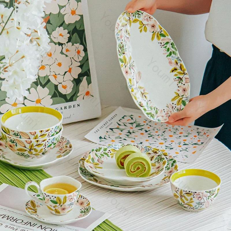 Креативные нестандартные керамические тарелки Изысканные цветы Торт Десертная тарелка Домашние деликатесы Рамен Чаша Отдых Офис Кофейная чашка