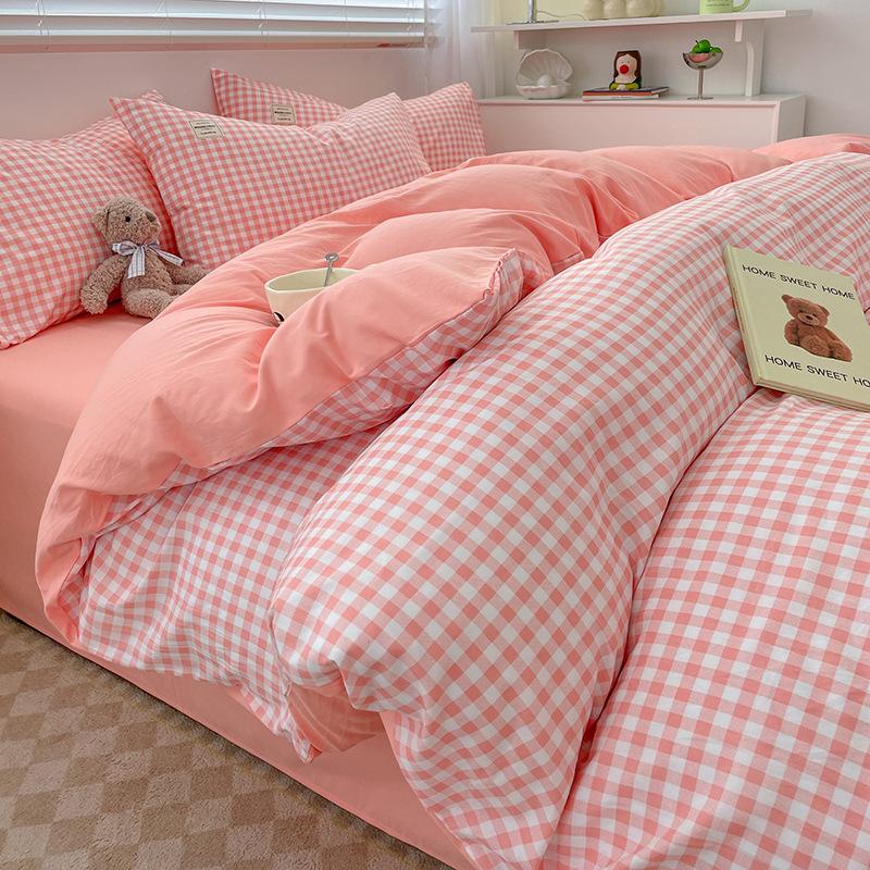 Комплект постельного белья из чистого хлопка, четырехпредметный, простой клетчатый, хлопковые простыни, пододеяльник, полосатое постельное белье
