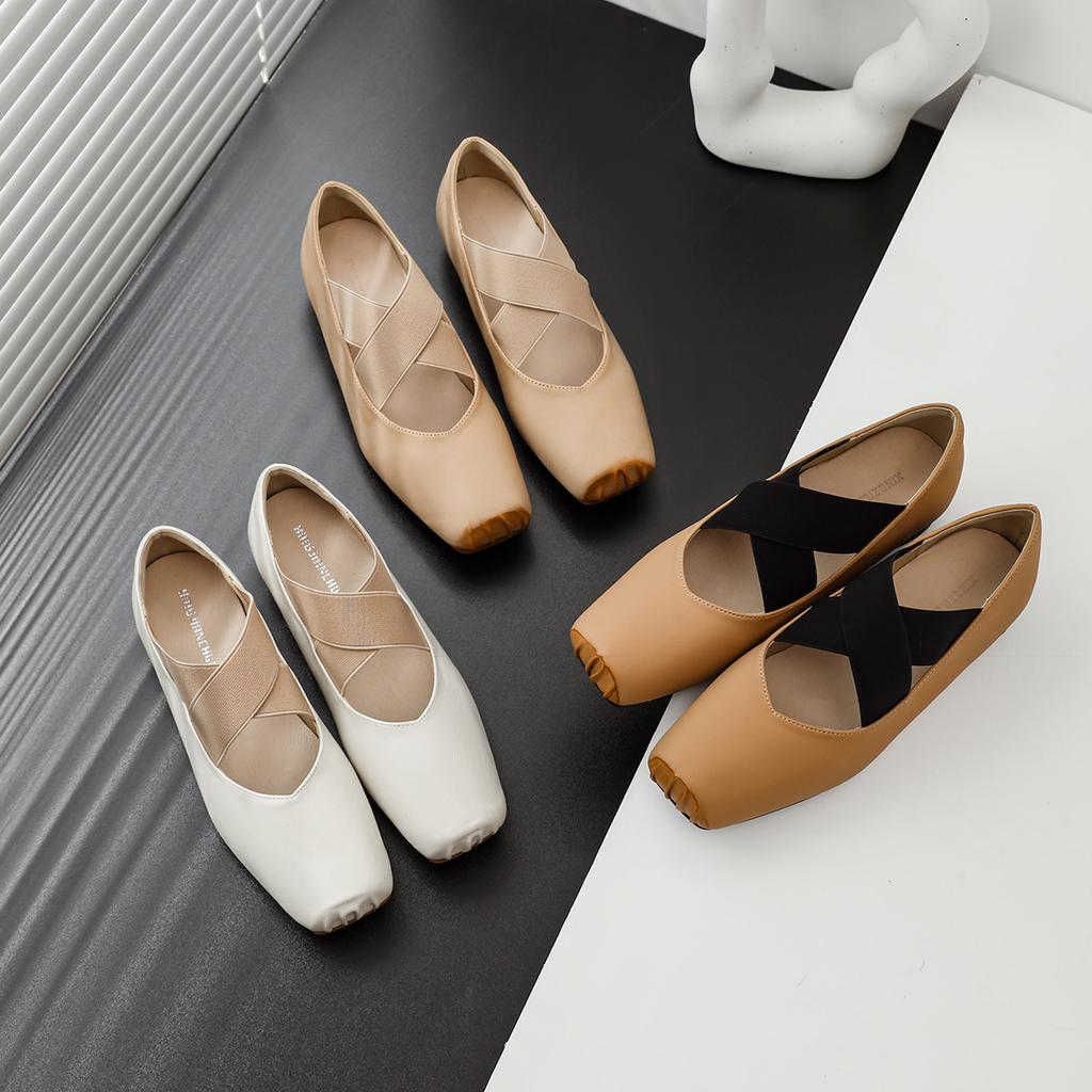 Leather Ballet Shoes Popular CMCMCM High Heel Comfortable Soft Sole Shallow Mouth Single Shoes Cross-tied Mary Jane Shoes