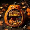 Halloween Cobweb Decorations Centerpiece Pumpkin, Wooden Pumpkin Ornament with Miniature Scenes, Rustic Detailed Scene Decor Skeleton for Farmhouse