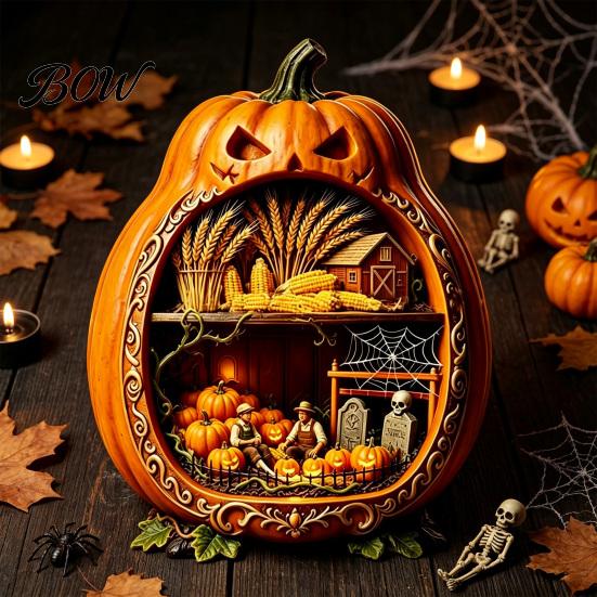 Halloween Cobweb Decorations Centerpiece Pumpkin, Wooden Pumpkin Ornament with Miniature Scenes, Rustic Detailed Scene Decor Skeleton for Farmhouse