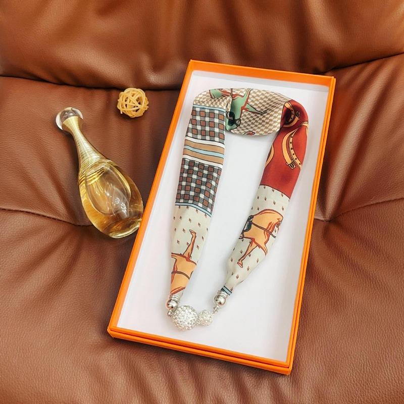 Silk Scarf Women's Spring, Autumn and Summer New Fashion Neck Protection Decoration Long Necklace Type Magnetic Buckle Scarf Small Scarf