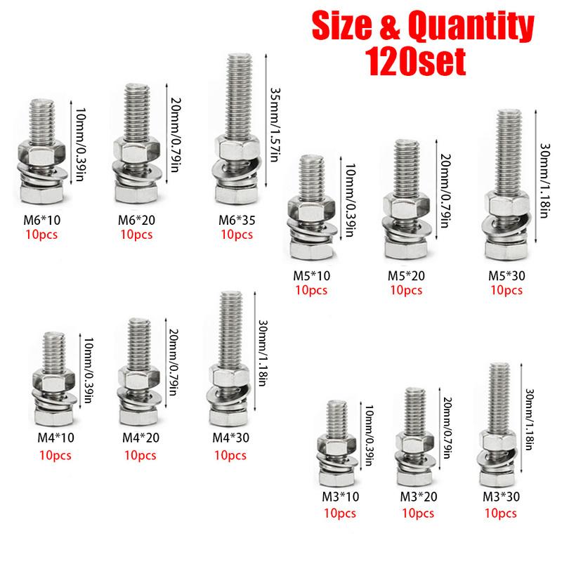 560-piece stainless steel hex bolt, nut, spring, and washer set, M3, M4, M5, and M6, lengths ranging from 10mm to 40mm.
